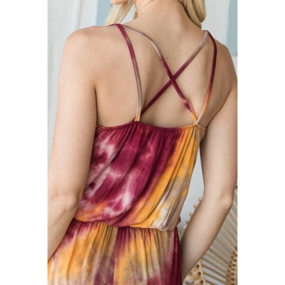 CY Fashion | Tie Dye Strappy Spaghetti Strap Romper Mustard Burgundy Soft Small - Picture 7 of 12